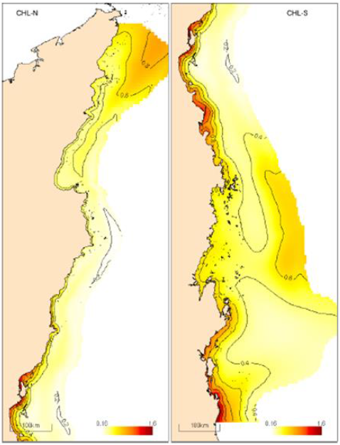 Figure 5. Estimated spatial distribution of chlorophyll a in the Great Barrier Reef (a) northern region and (b) southern region, 2009. 